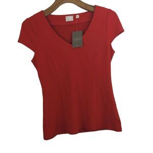Anthropologie Postmark Cotton Blend V-Neck Short Sleeve Blouse Top Red M NWT